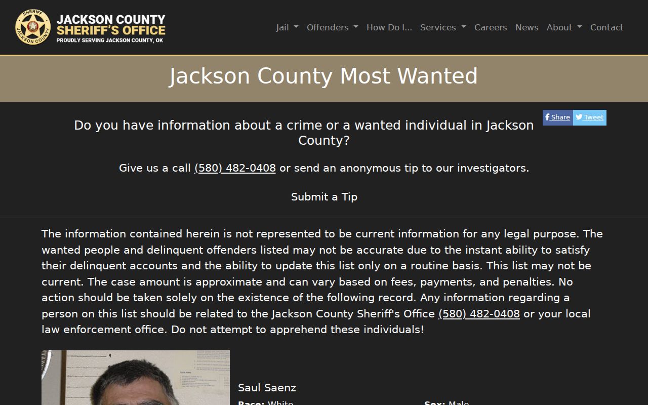 Jackson County Sheriff's official Most Wanted interface with public field labels and disclaimer area