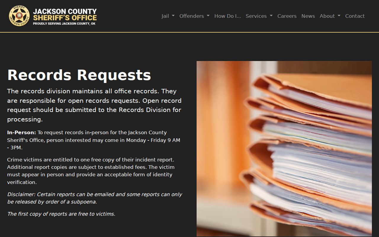 Jackson County Sheriff's official records page showing records-request hours and access language