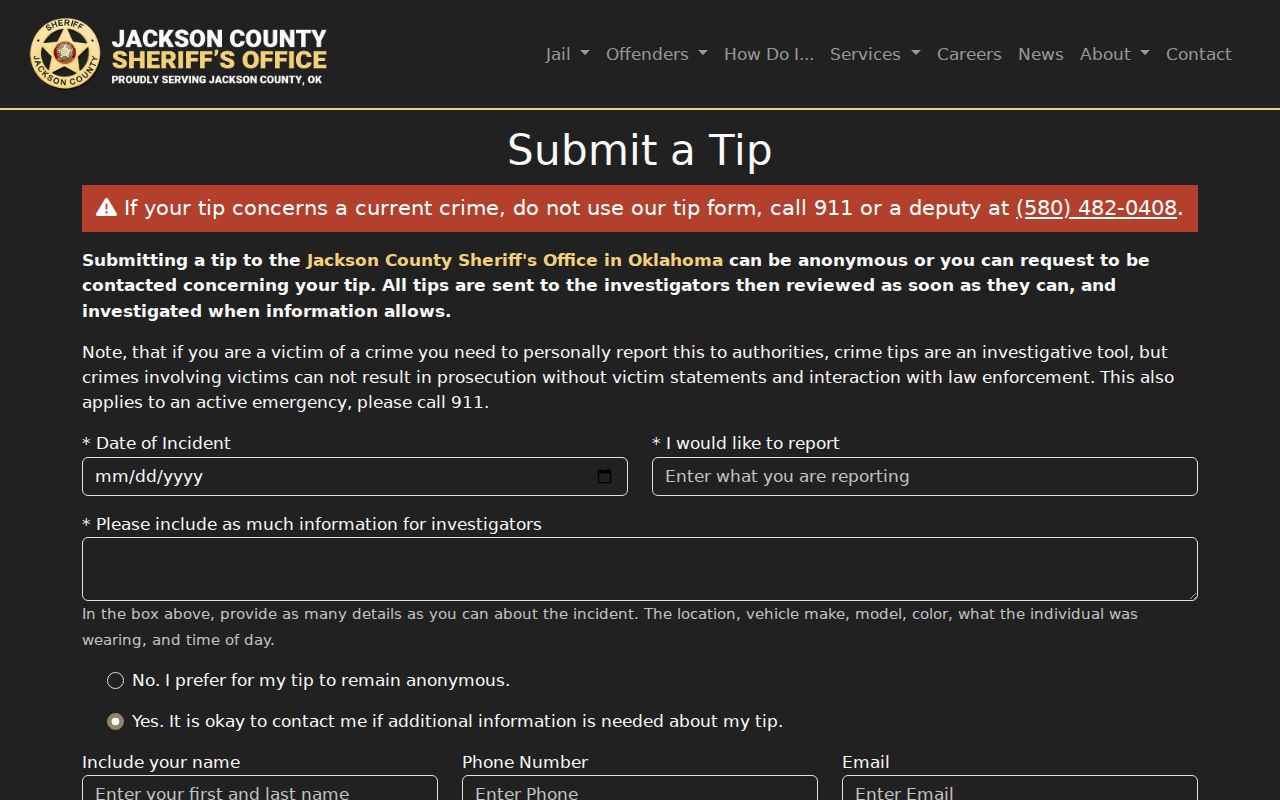 Jackson County Sheriff's official submit-tip form showing anonymous and contact options