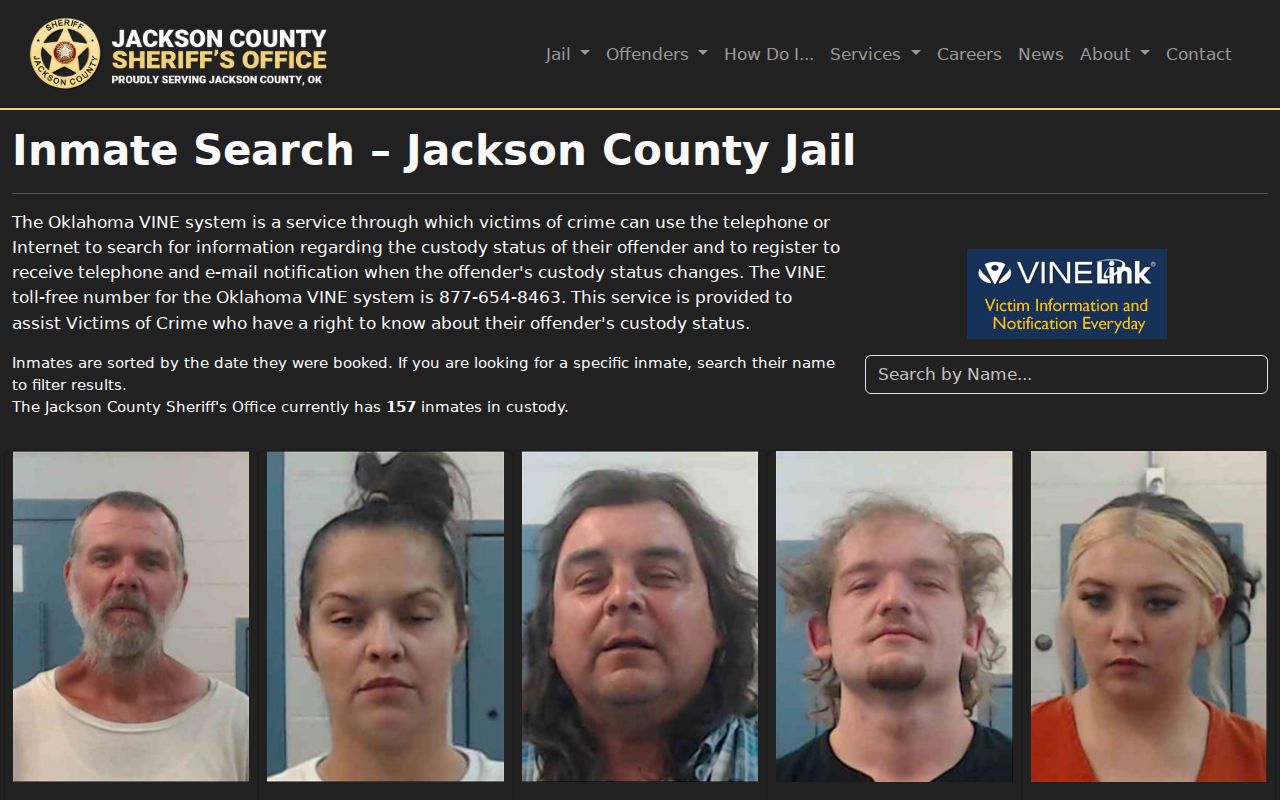 Official Jackson County Sheriff custody-search interface used to distinguish custody records from warrant records
