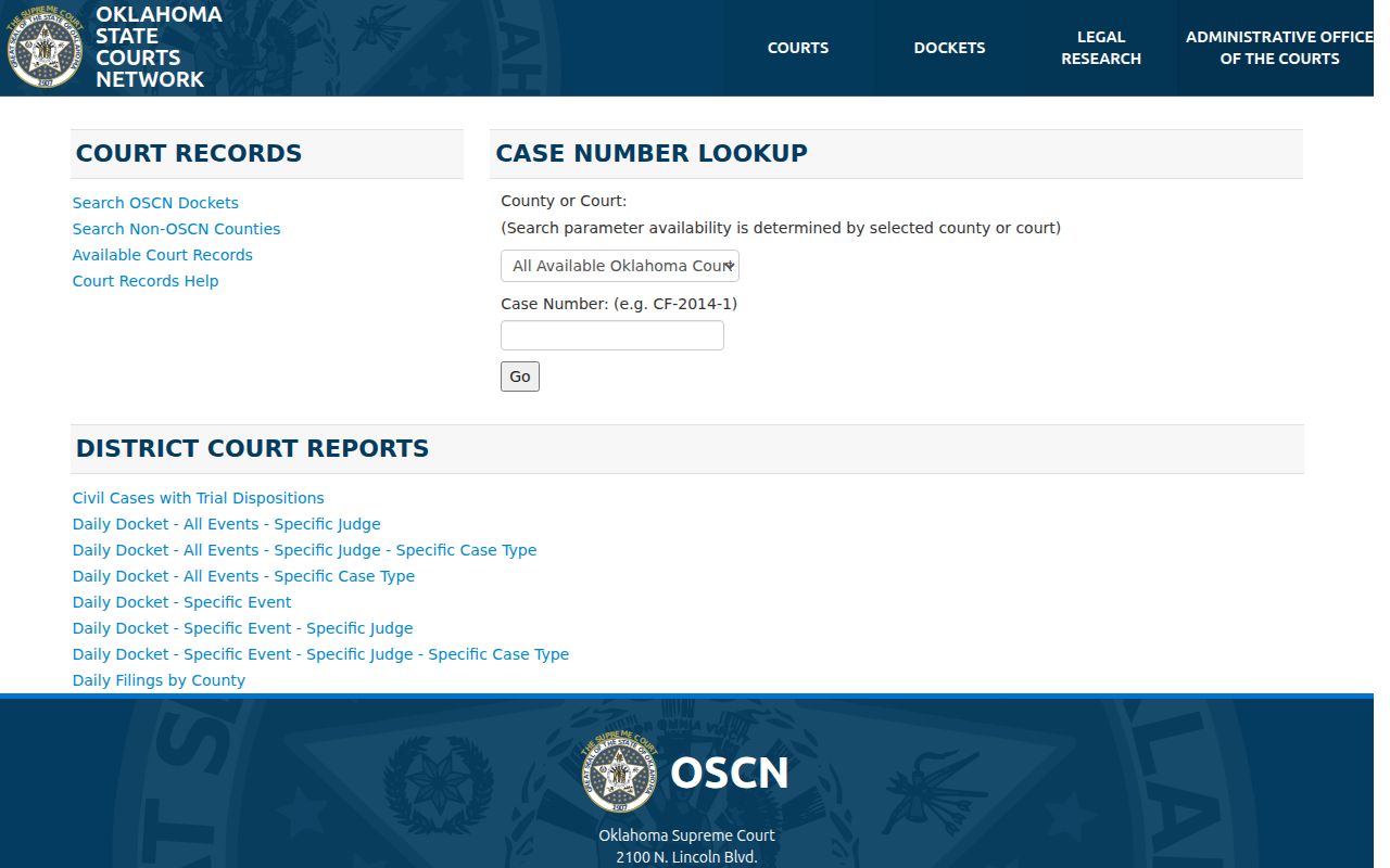 Official OSCN case-number lookup page used to route Jackson County District Court traffic records