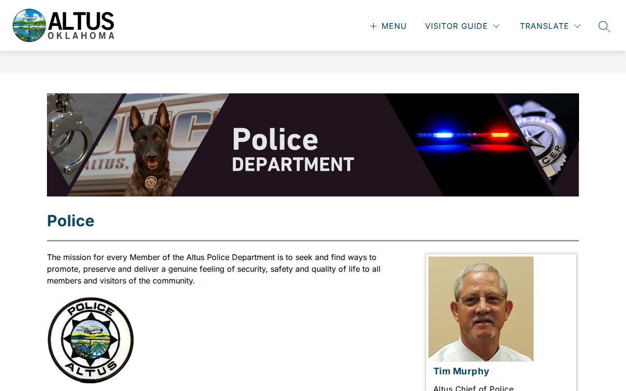 Official Altus Police contact page showing non-emergency routing for a city traffic matter