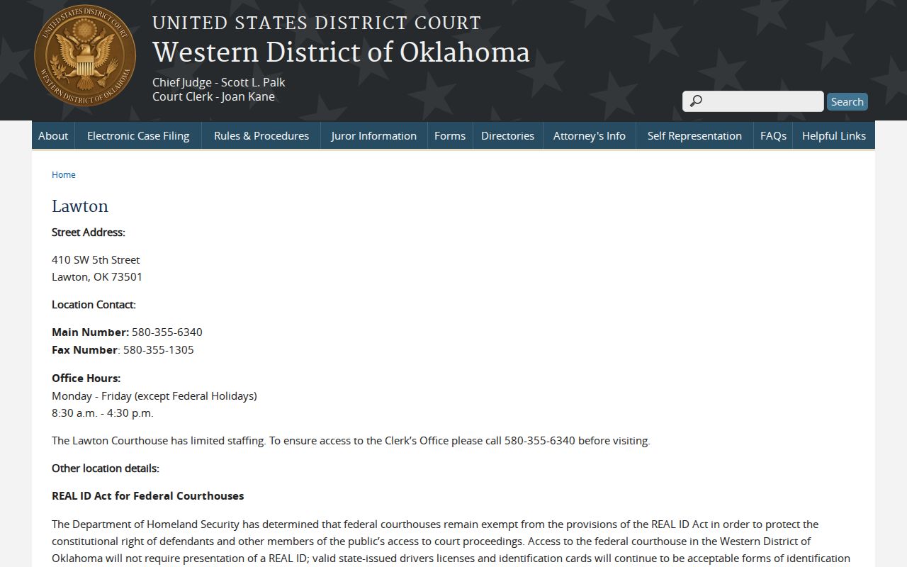 Official federal Lawton office reference for Western District of Oklahoma matters