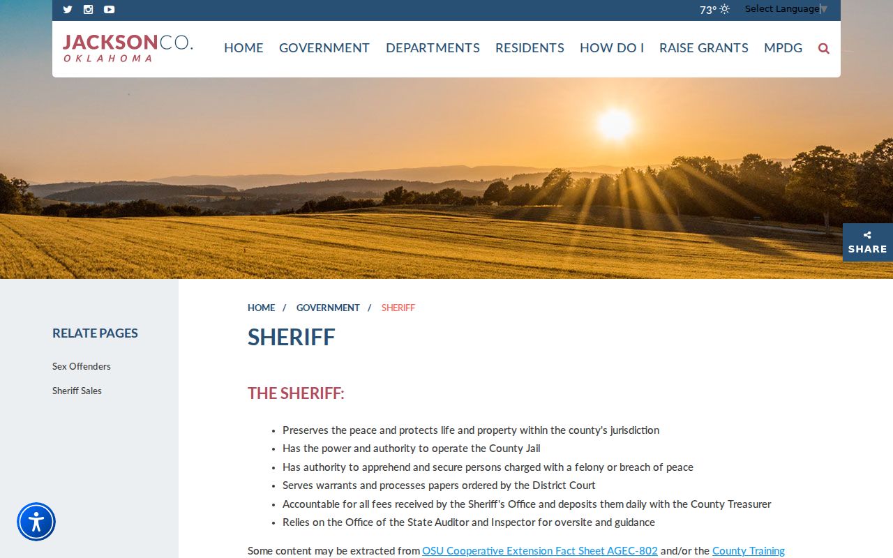Official Jackson County Sheriff page describing county law-enforcement and warrant-service duties
